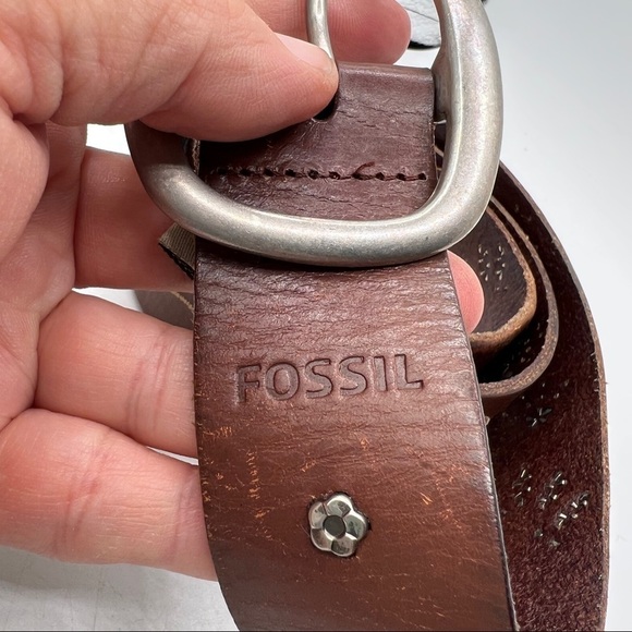Fossil Leather Belt Embroidered Embellished Brown